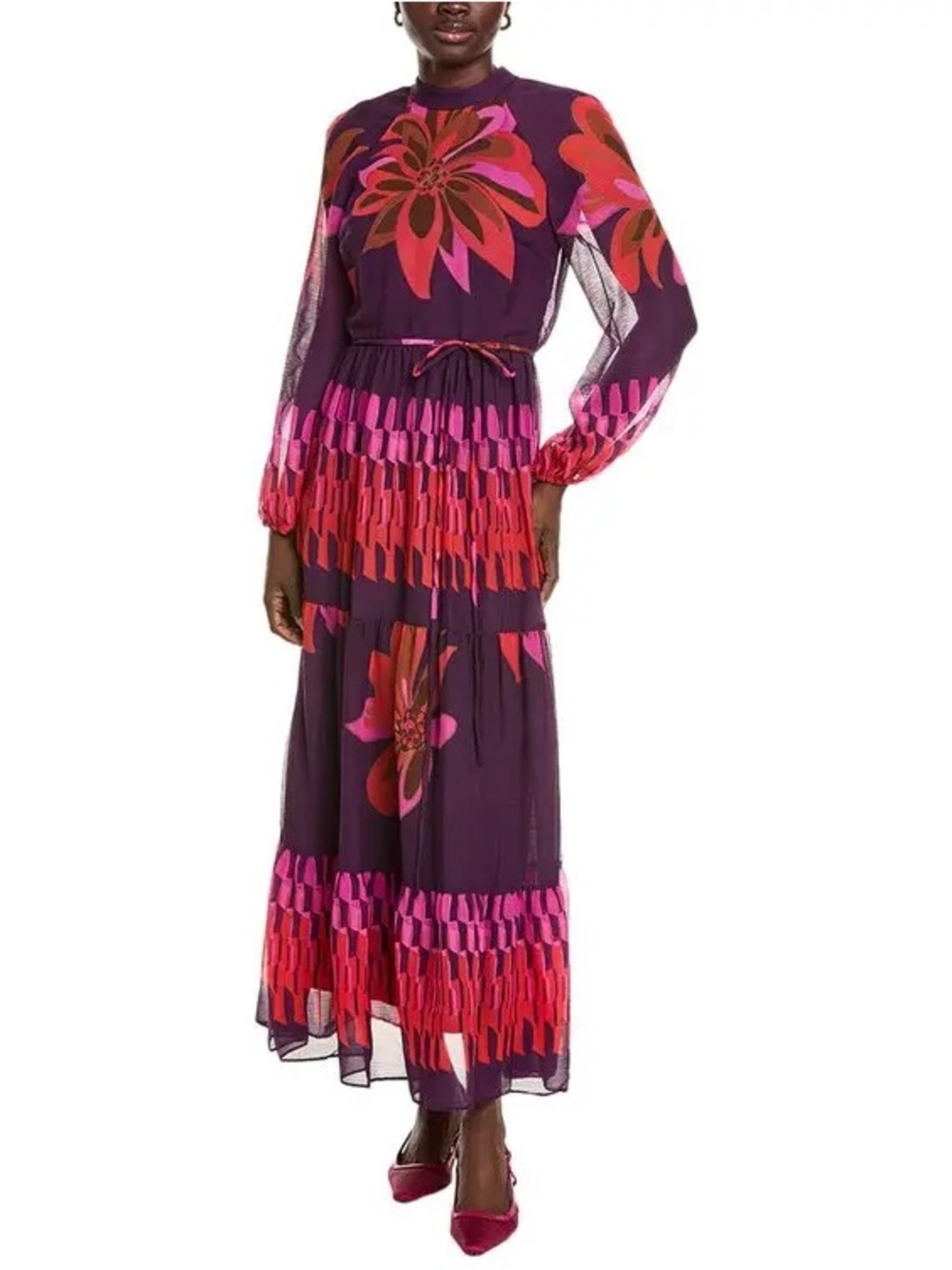 Maison Tara Women's Floral Maxi Dress in Plum with Pink & Red Accents